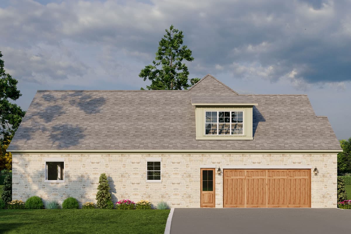 House plan exterior, stone facade, large wooden garage doors, single entry door, and a dormer with a multi-pane window.