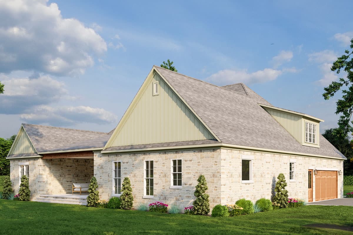 House plan exterior of a one-story home with stone facade, gabled dormer, covered porch, and attached garage.