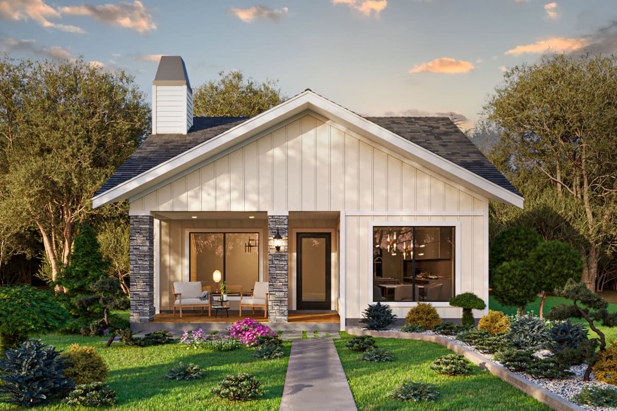 House plan exterior. Modern farmhouse style with gabled roof, stone-clad porch columns, and a chimney. One story house plan with a front porch.