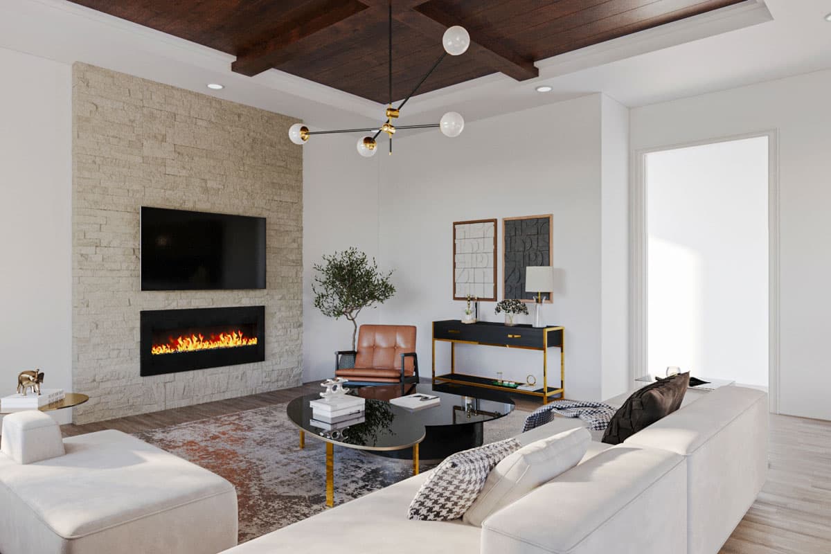 Interior rendering: Living room with stone fireplace, mounted TV, coffered wood ceiling, and sectional sofa.