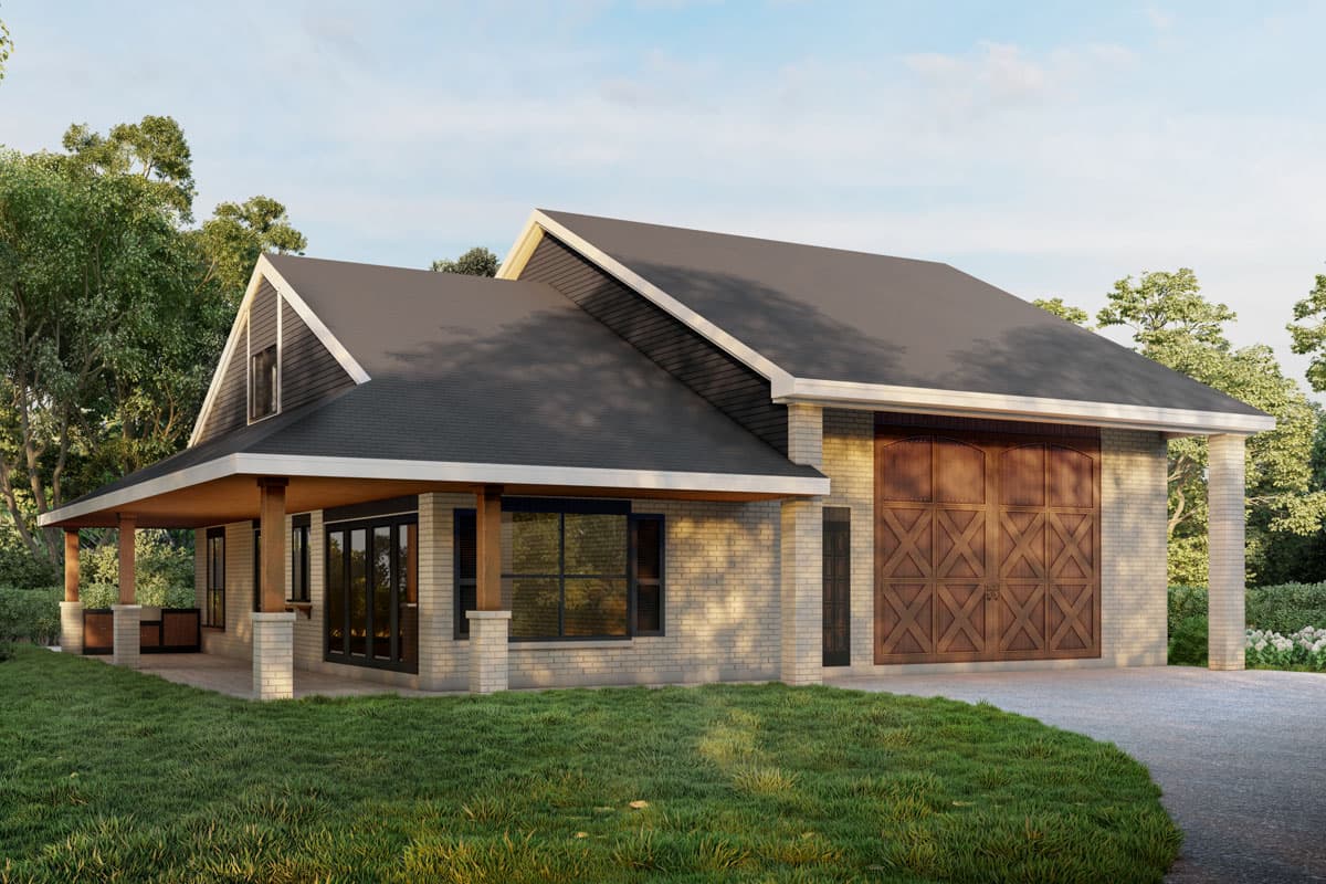 House plan exterior with Craftsman style. Features include a covered porch with exposed beams, a gabled roof, and a garage with a wooden door.