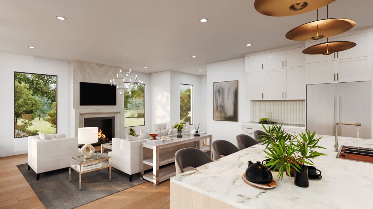 Open-concept living space with fireplace, large windows, kitchen island, and modern lighting.