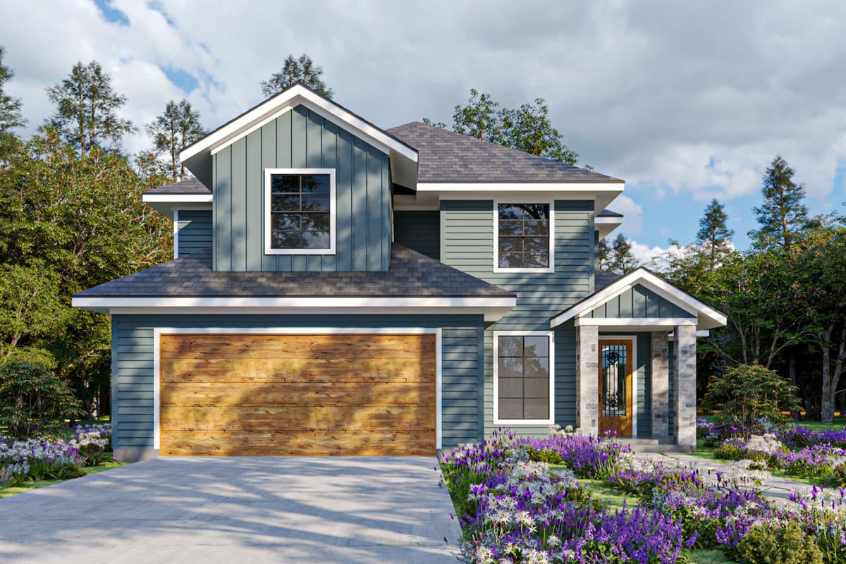 House plan exterior. Two-story home with a gabled roof, vertical siding, and a prominent front-facing garage. Features a small portico at the entry.