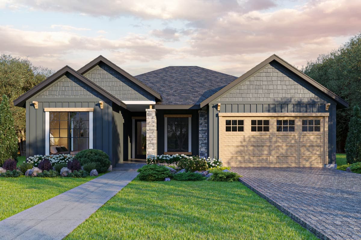 House plan exterior with Craftsman style, single story, and multiple gables. Features include a garage and stone-clad columns at the entry.