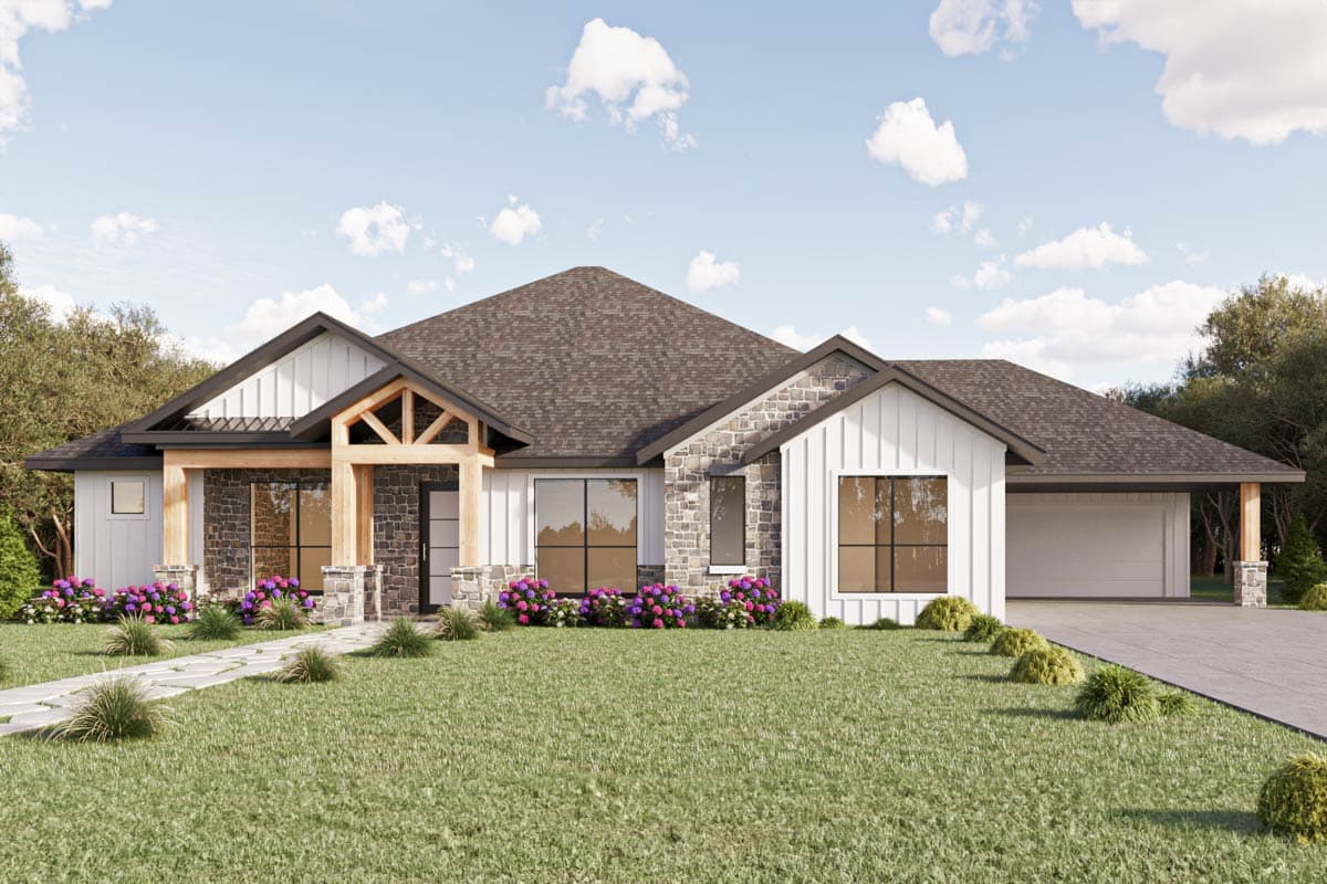 House plan exterior. Modern Farmhouse style with a single story, stone accents, gables, and a detached garage.