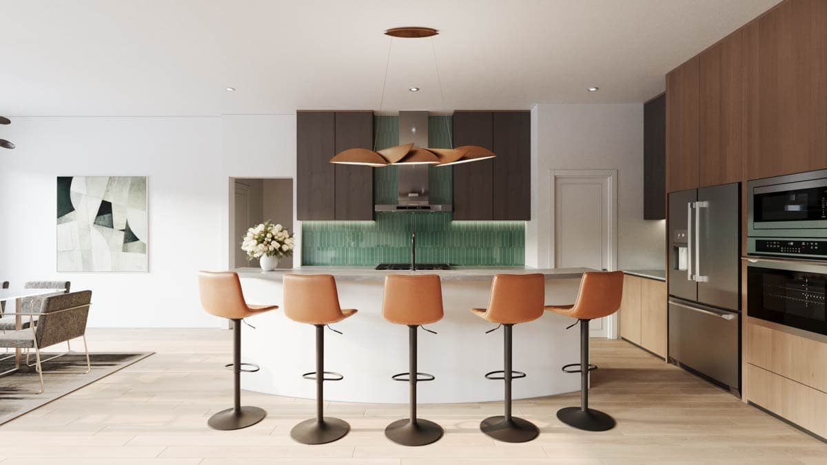 Modern kitchen with curved island, bar stools, dark cabinetry, stainless steel appliances, and green tile backsplash.