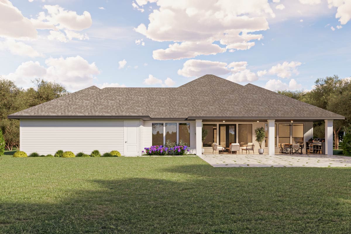 House plan exterior: Ranch style, single story with a covered patio, large windows, and a gable roof.