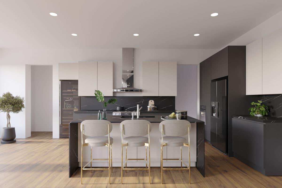 Modern kitchen with large island, waterfall countertop, stainless steel range hood, and minimalist cabinetry.