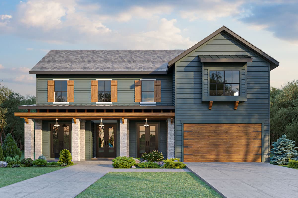 Two-story house plan exterior featuring a Craftsman style with a gabled roof, a covered porch with stone columns, and a front-facing garage.
