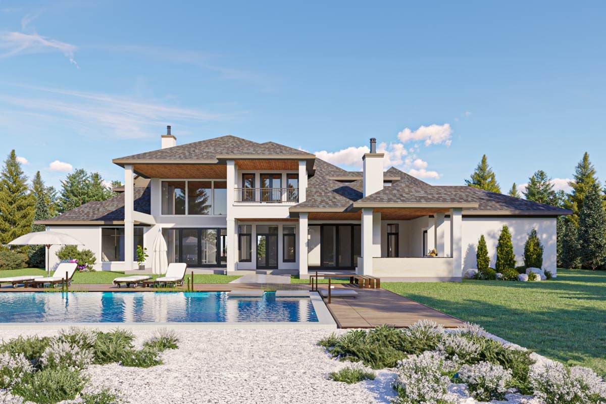House plan exterior: Modern style, two stories, with a covered patio, second-story balcony, and expansive windows.