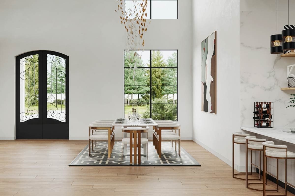 Interior rendering of a dining area with a large arched double door, a tall window, and a contemporary dining set.