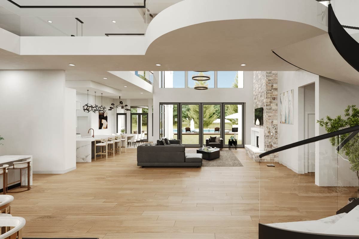 Interior rendering of a great room with vaulted ceilings, large windows, fireplace, kitchen island, and modern lighting.