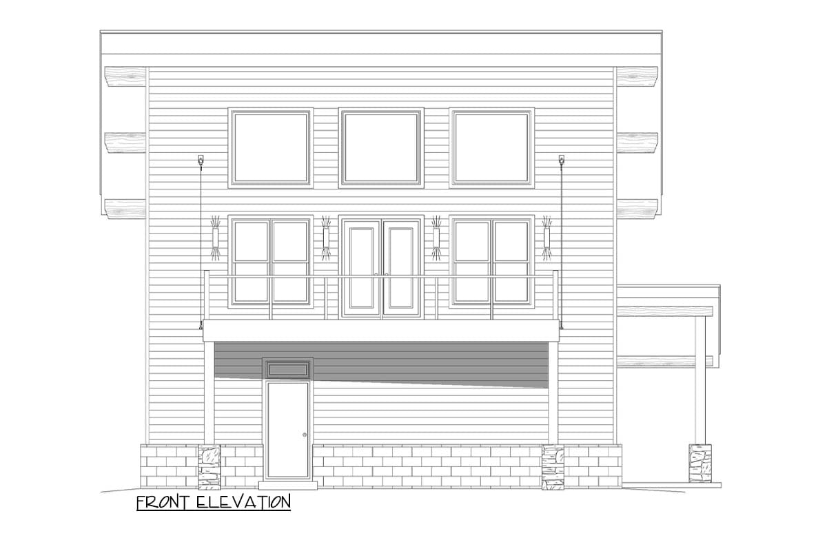 Front elevation drawing of a two-story house with horizontal siding, multiple windows, a balcony, and a covered porch.