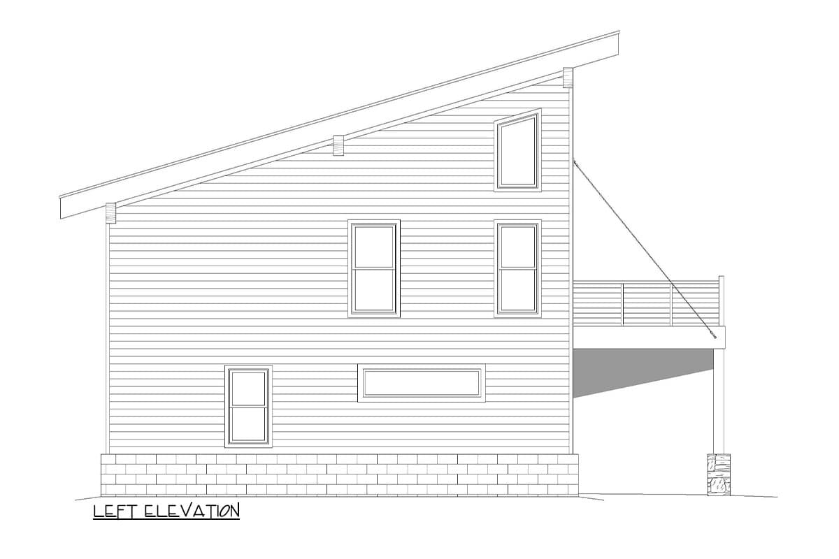 Left elevation drawing of a two-story house plan with a shed roof, horizontal siding, and a deck.