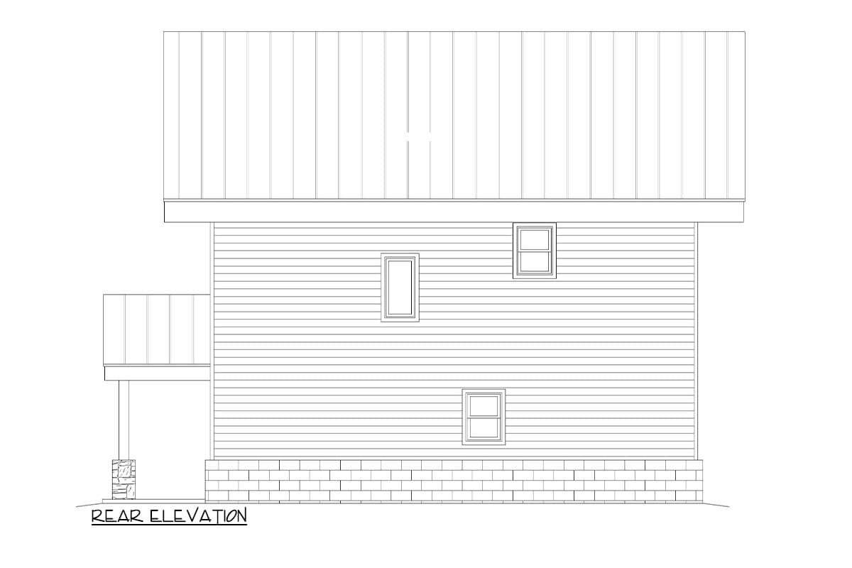 Rear elevation drawing of a house with horizontal siding, a standing seam metal roof, and a small porch.