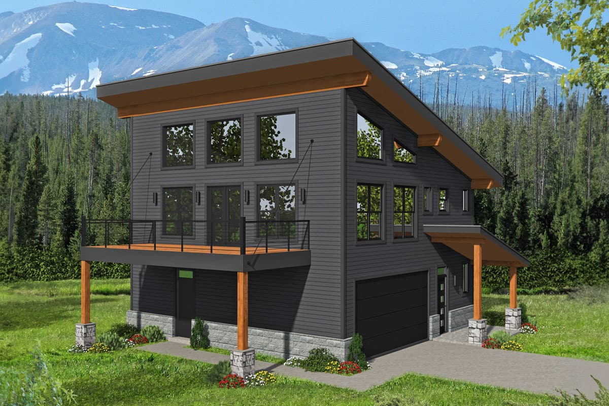 House plan exterior. Two-story modern style with shed roof, deck, and covered porch supported by columns. Garage is beneath the elevated deck.