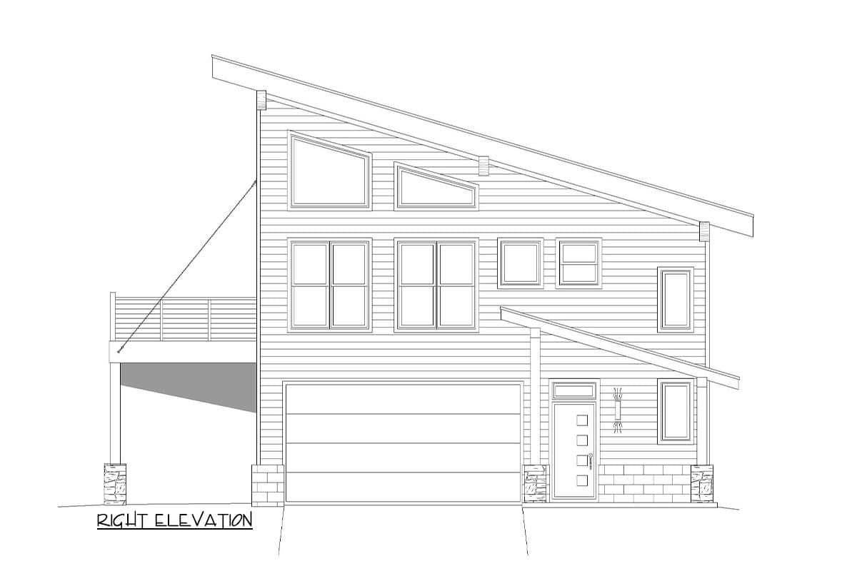Right elevation drawing of a two-story house with a steeply sloped roof, a deck, and a garage.