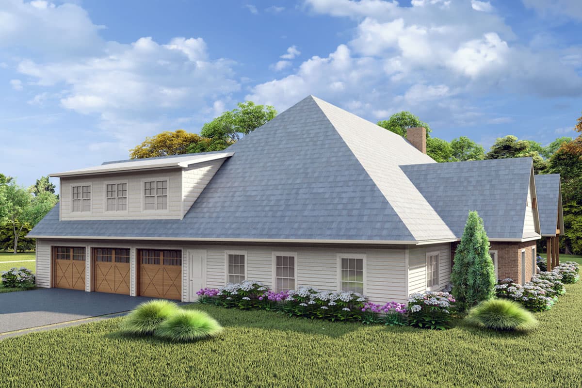 House plan exterior: Two-story Modern Farmhouse with triple garage, dormer, and multiple gables.