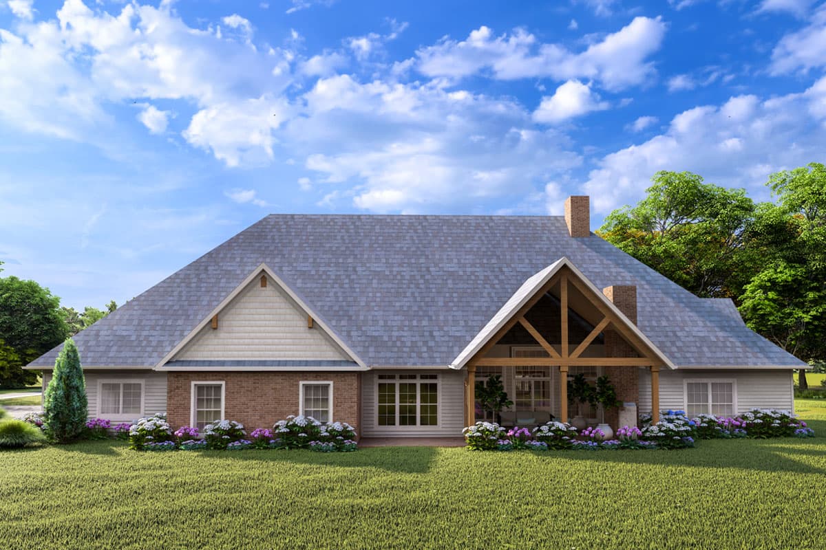 House plan exterior: One-story Modern Farmhouse with gable dormers, brick and siding, and covered porch with exposed wood beams.