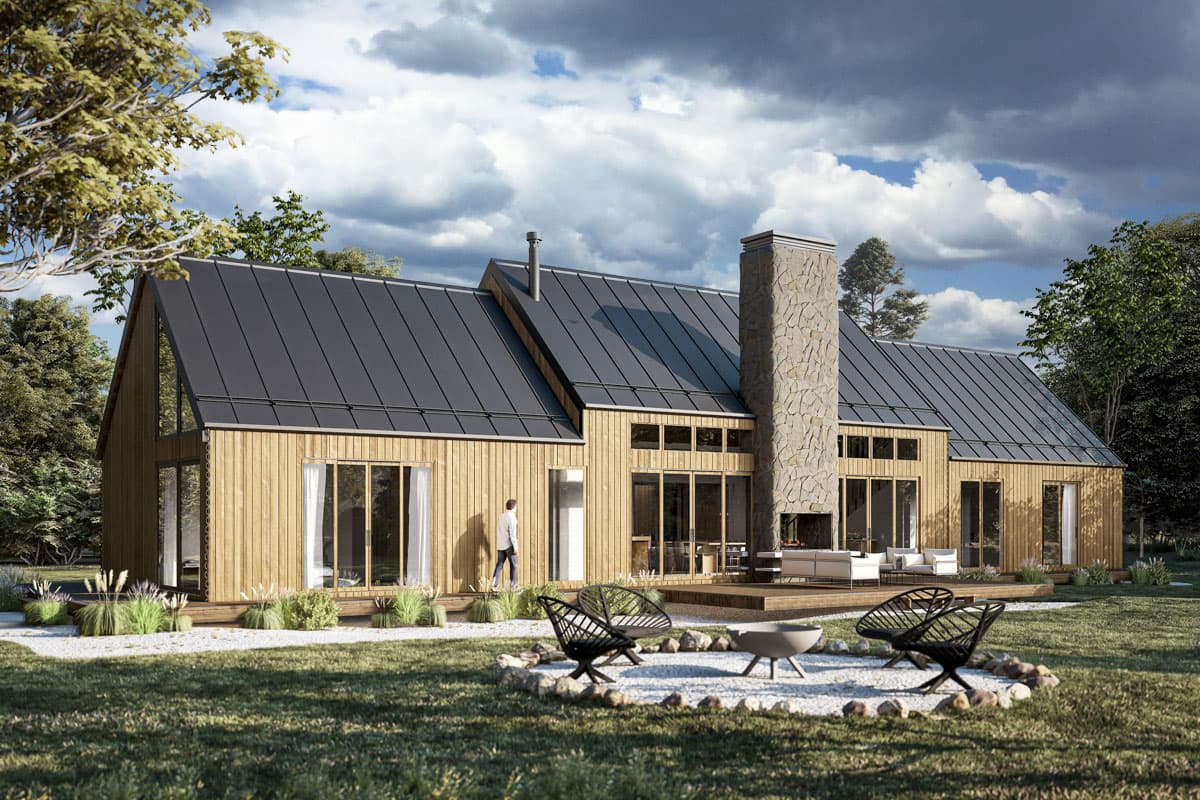 House plan exterior with board and batten siding, metal roof, and stone chimney. Features large windows and a covered deck.