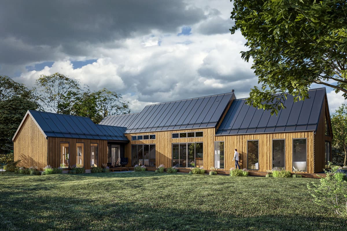 Modern house plan exterior with vertical wood siding, dark metal roof, gabled rooflines, and large windows.