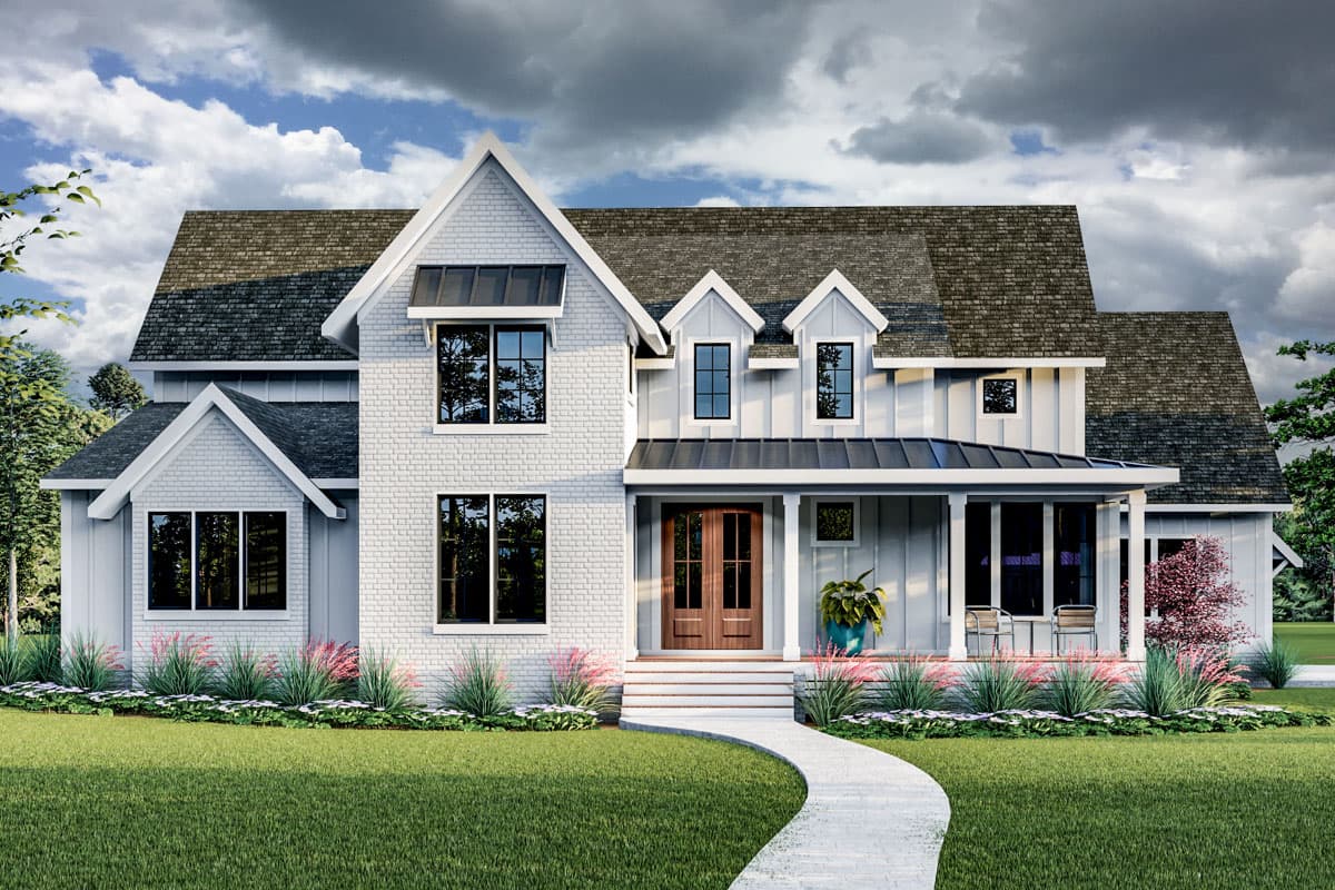 Modern Farmhouse house plan exterior with two stories, gables, a covered front porch, and dormers. Features brick and board and batten siding.