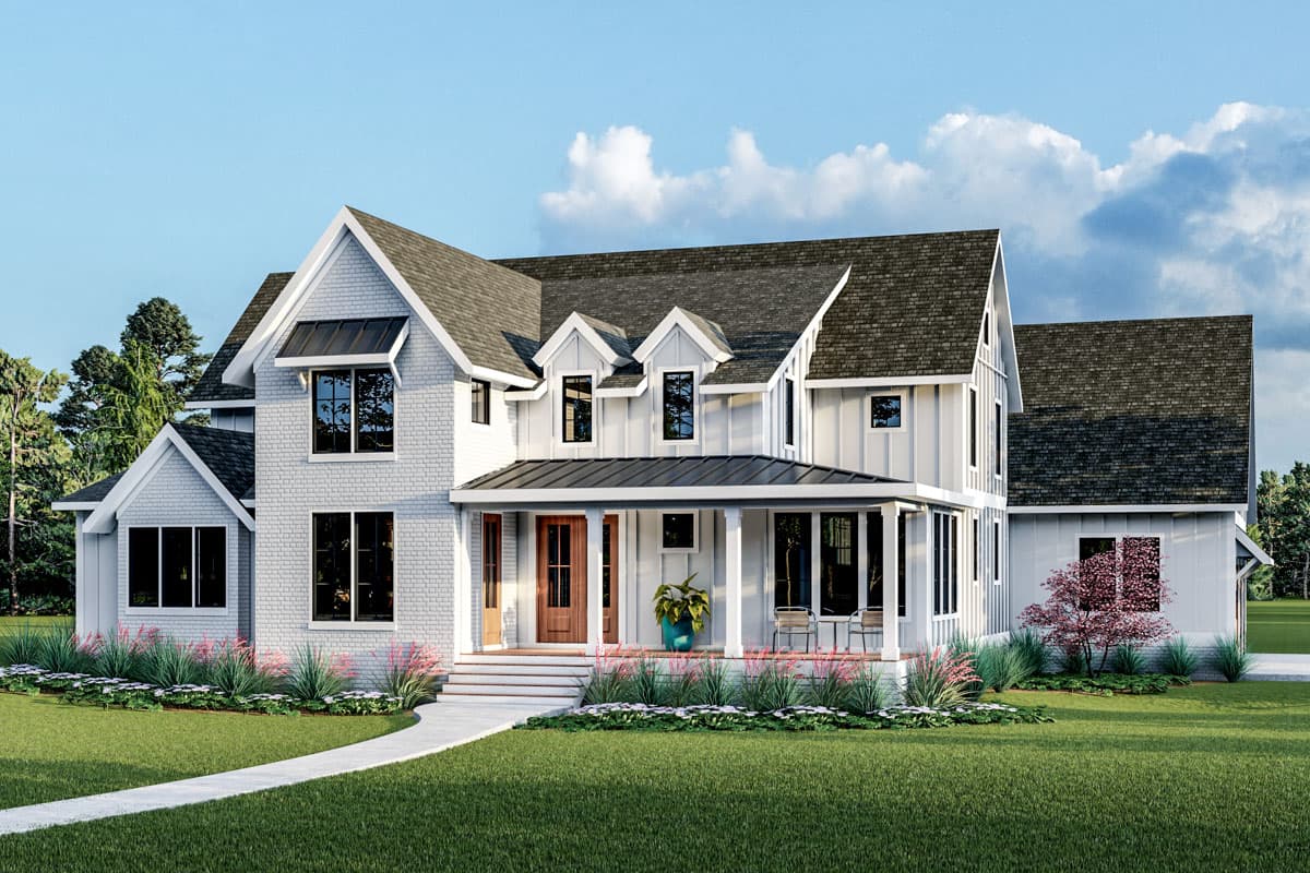 Two-story Modern Farmhouse house plan exterior with gables, dormers, a covered porch, and brick and board-and-batten siding.