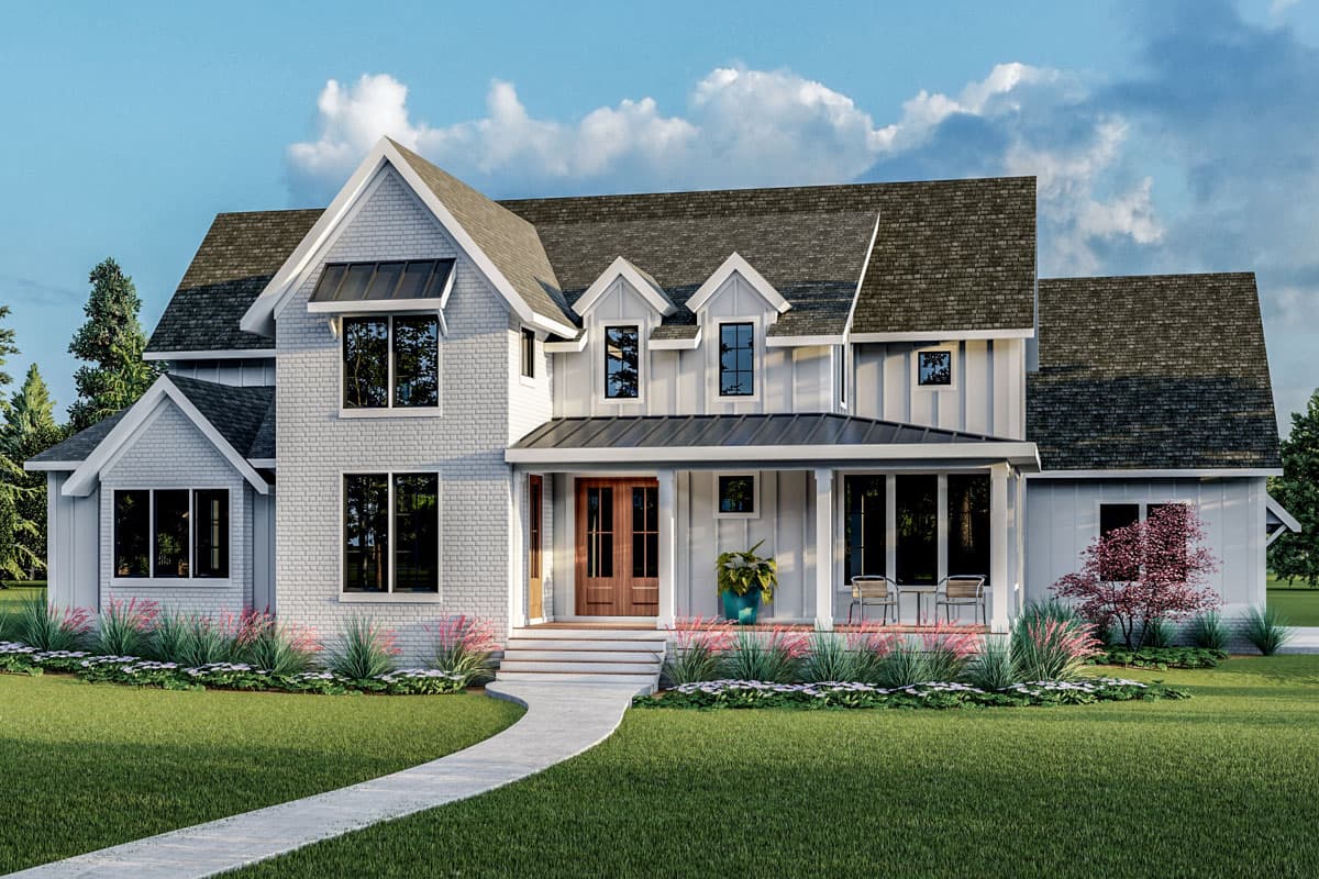 Modern Farmhouse house plan exterior with white brick, gables, dormers, covered porch, and hip roof.