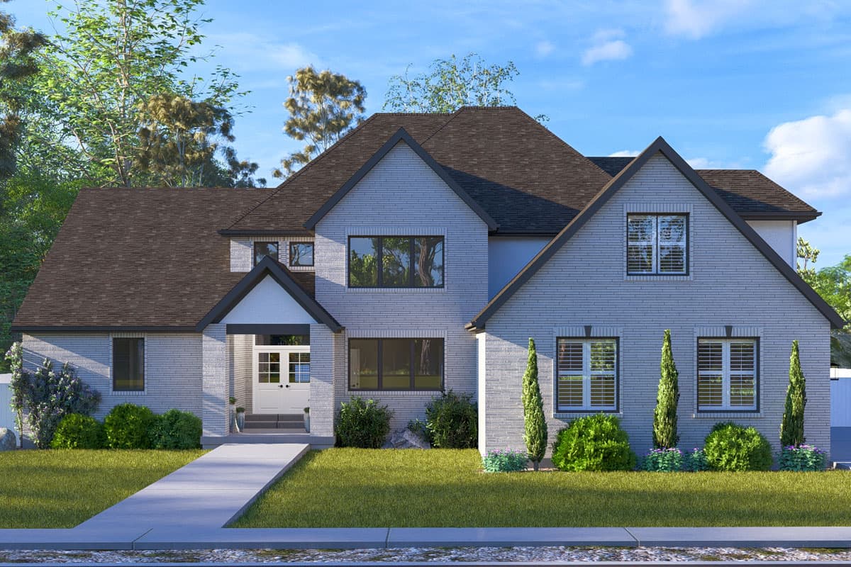 House plan exterior with two stories, gabled roof, and brick facade. Features include a covered entry and multiple window gables.