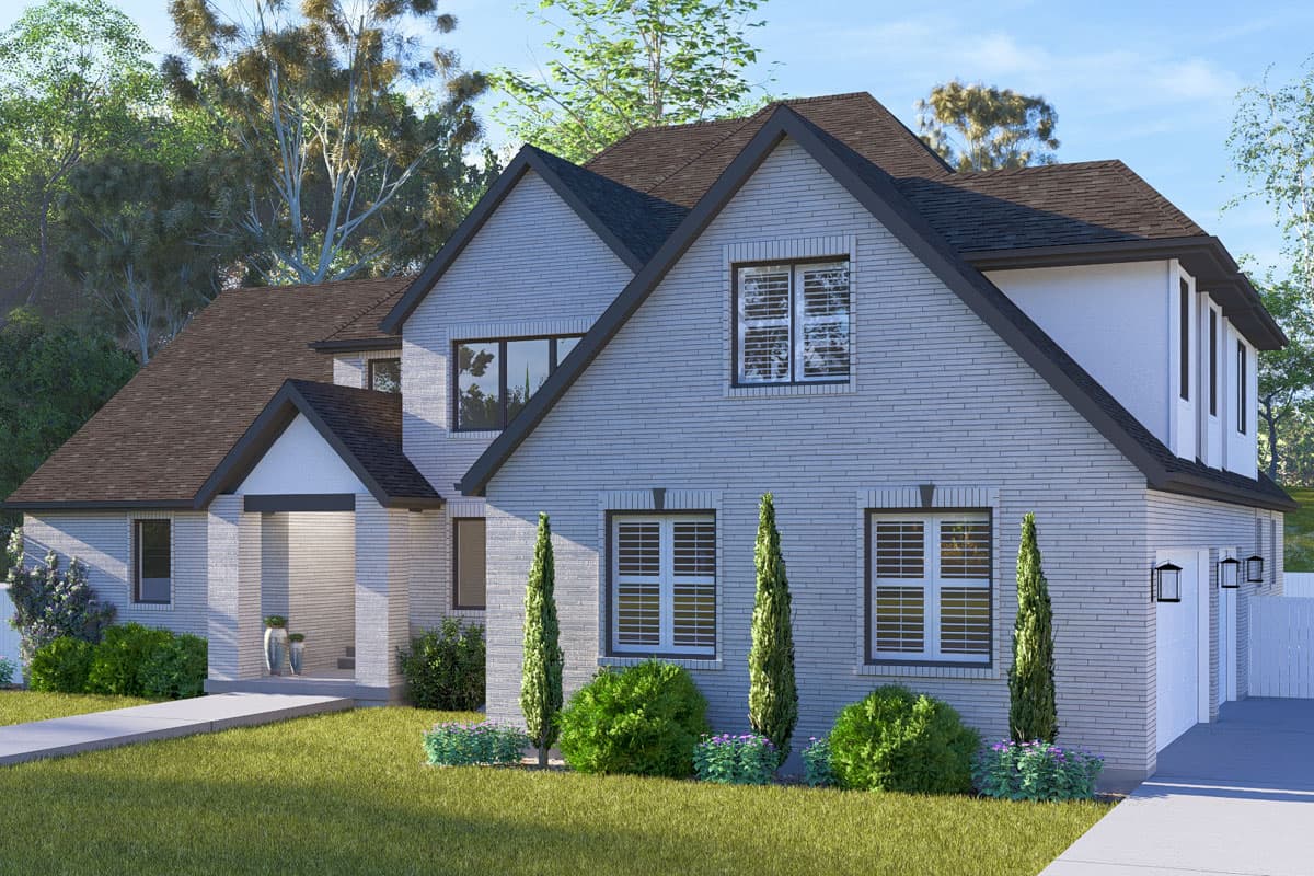 Two-story Modern Farmhouse exterior with white brick, dark gables, covered entryway, and a three-car garage.