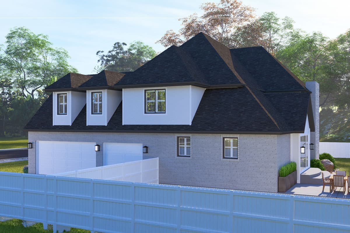 House plan exterior with dark gable roof, white stucco dormers, three-car garage, and light brick.