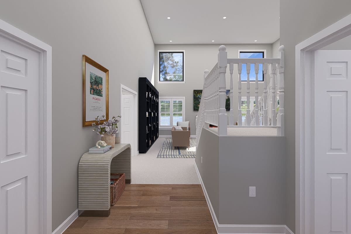 Interior rendering of a hallway with wood floors, a staircase with white balusters, and a view into a living area with large windows.