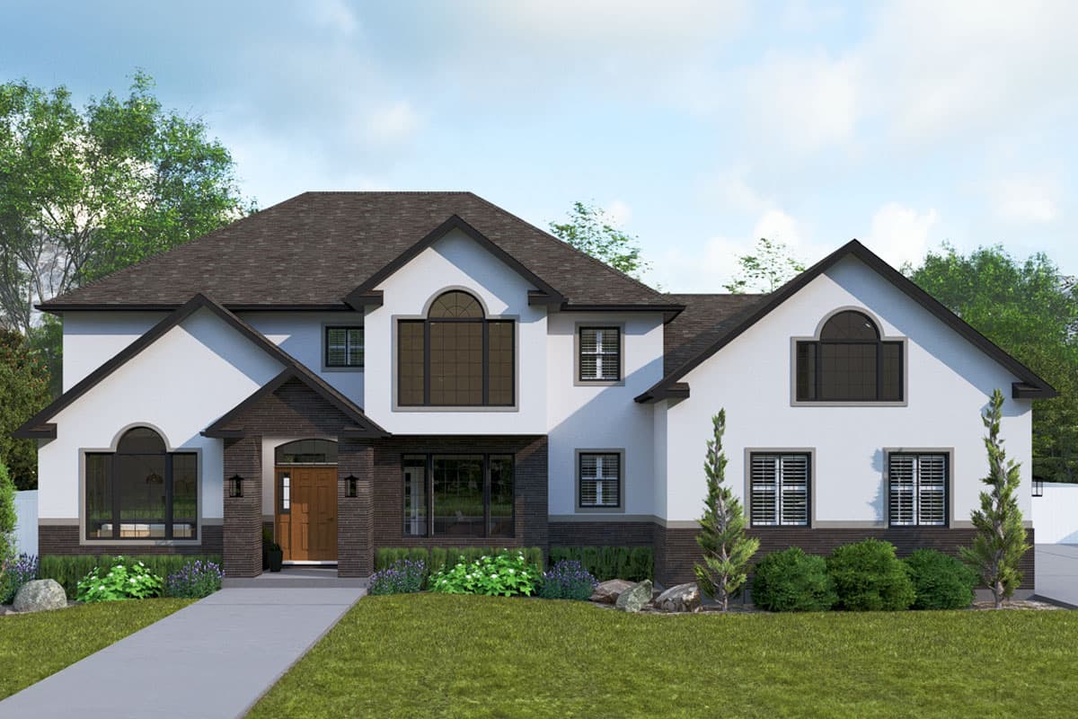 House plan exterior. Two-story with dark roof, gabled rooflines, arched window, and stone entryway columns.