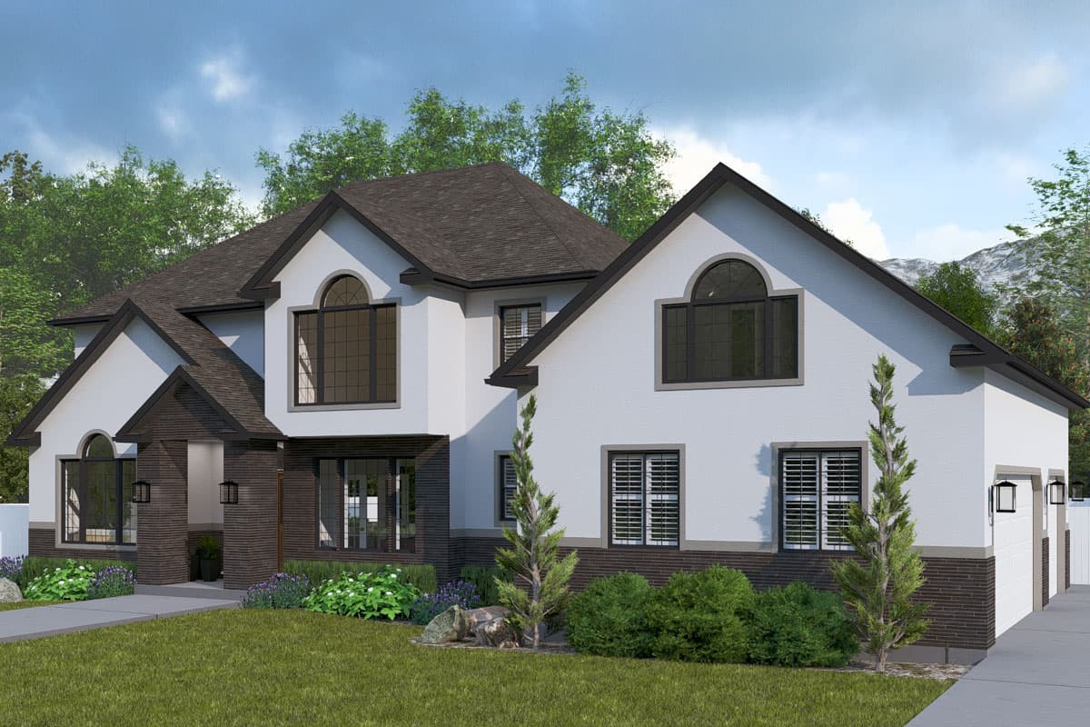House plan exterior: Two-story home with gabled rooflines, arched windows, dark brick accents, and a two-car garage.