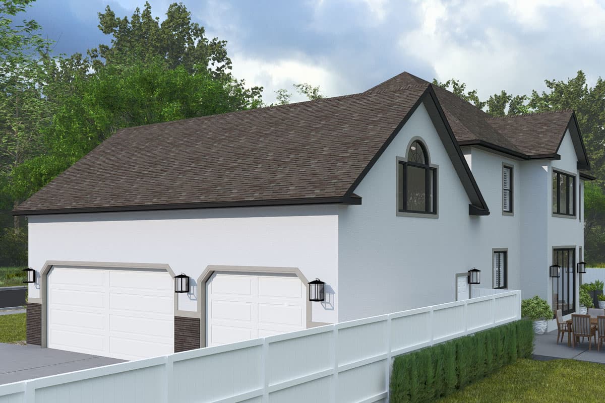 House plan exterior featuring a stucco finish, gabled rooflines, arched window, and a triple-car garage.