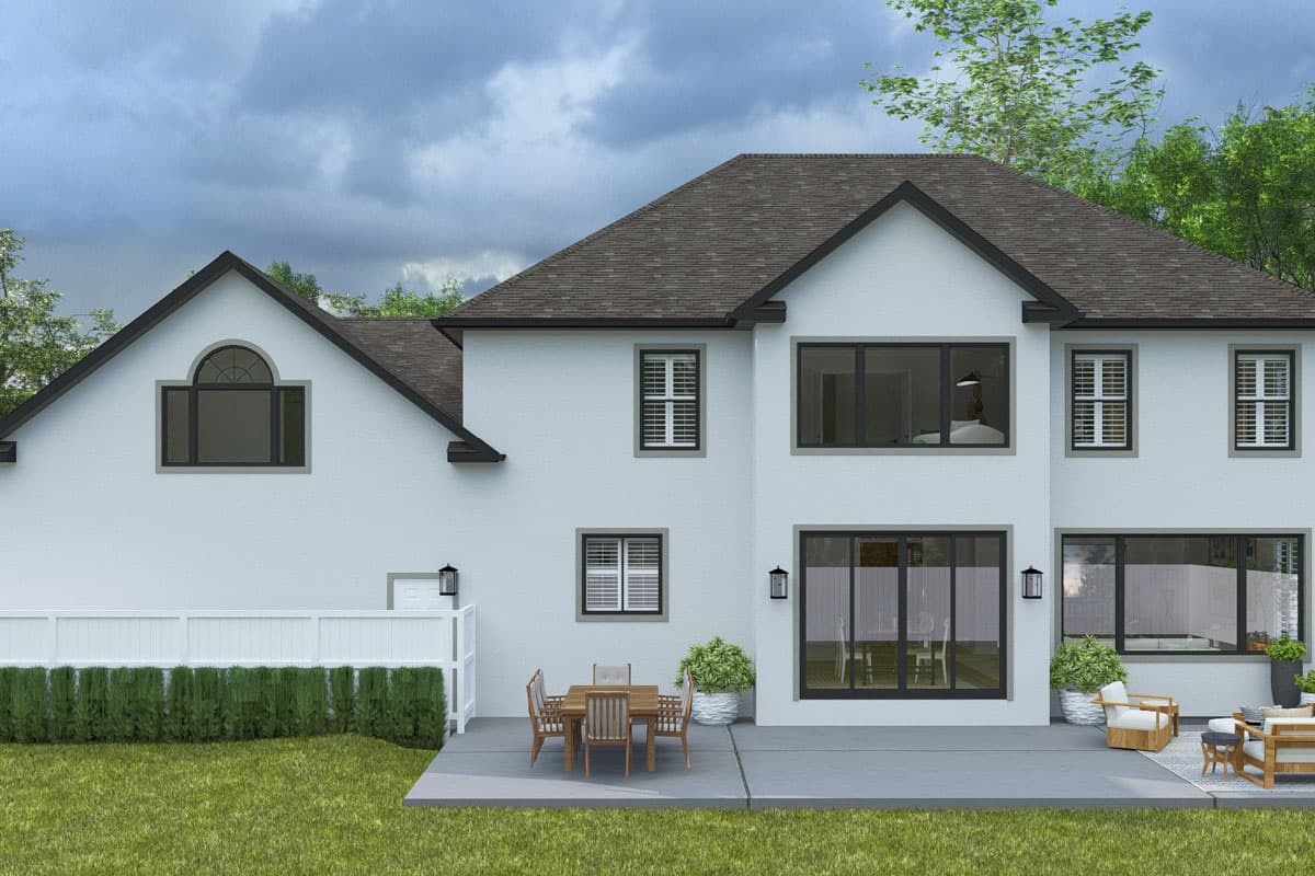 Exterior house plan with a gabled roof, arched window, and large ground-level sliding glass doors.
