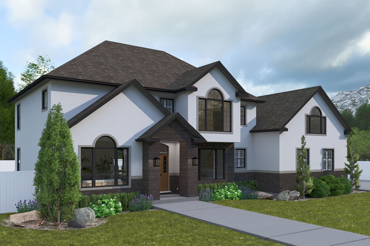 Two-story house plan exterior with dark brick base, arched windows, gables, and a covered entry.