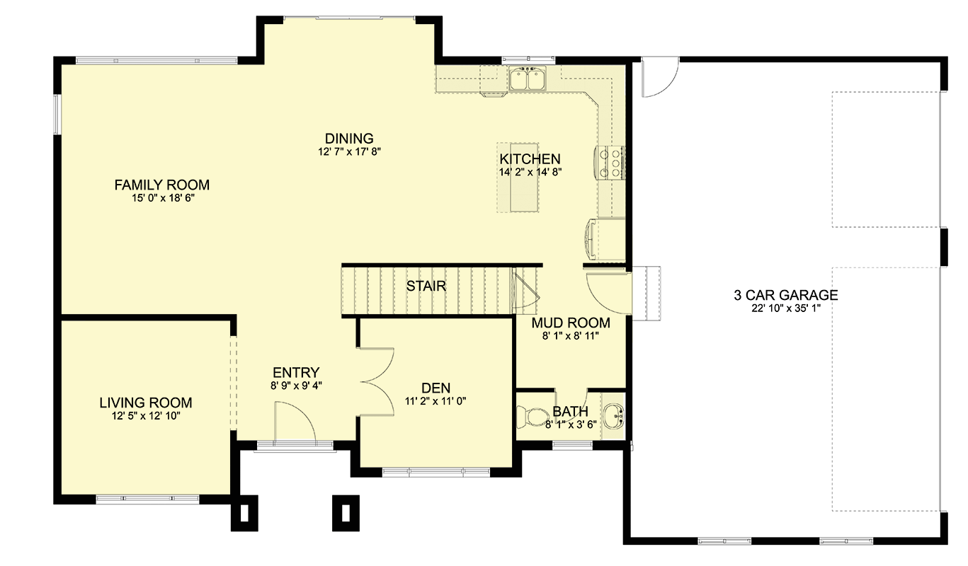 Plan 61532UT: 3-Bed Traditional House Plan with Optionally Finished Lower Level - 3224 Sq Ft - Floor Plan - Main Level - New American, Traditional