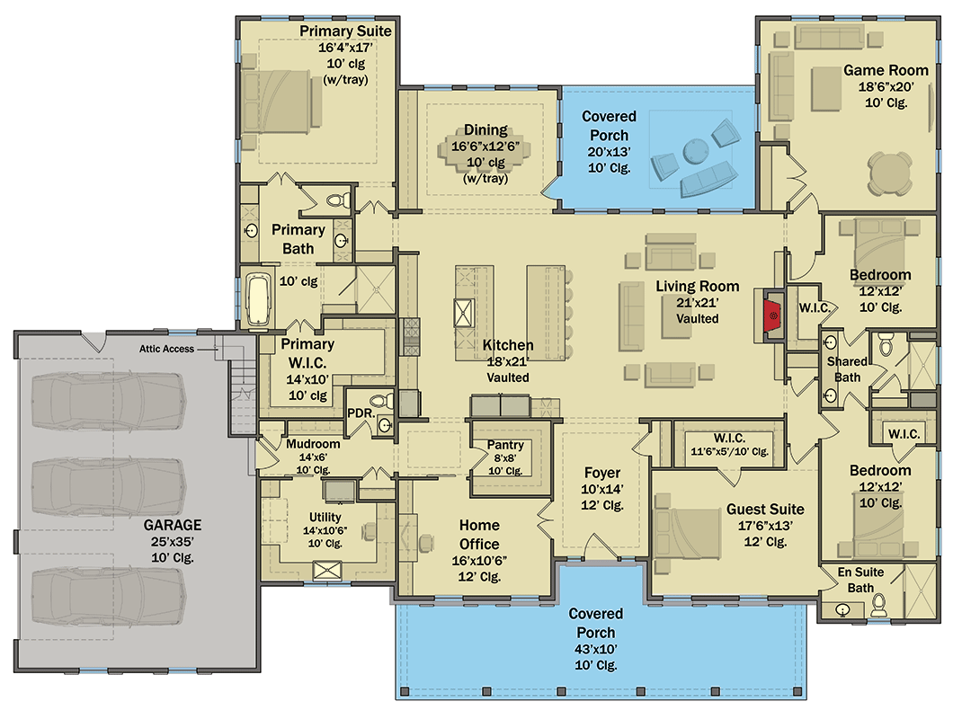Plan 25442TF: One-Story Traditional House Plan with Home Office - 3942 Sq Ft - Floor Plan - Main Level - Country, Traditional