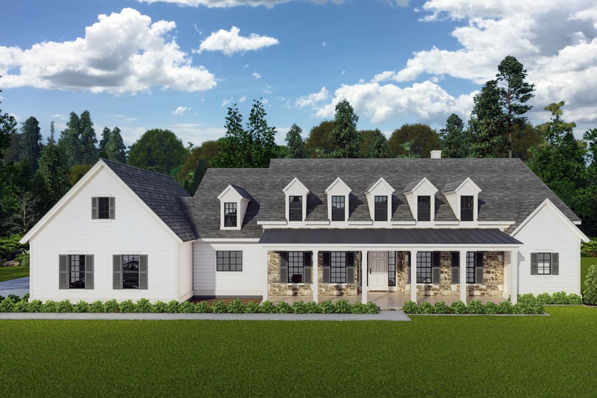 House plan exterior with Farmhouse style. Features a front porch, dormers, and gabled roof. Two-story house with stone and white siding.