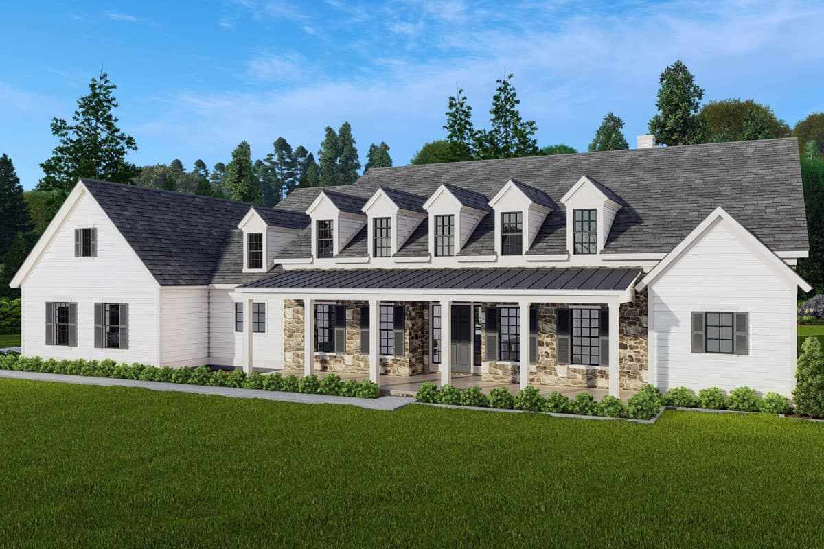 House plan exterior: Modern Farmhouse style with stone accents, a covered porch, and multiple dormers across a steeply pitched roof.