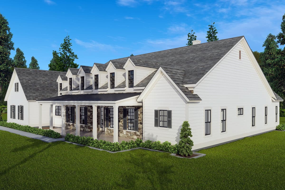 House plan exterior with Modern Farmhouse style, multiple gables, dormers, and a stone-accented covered porch.