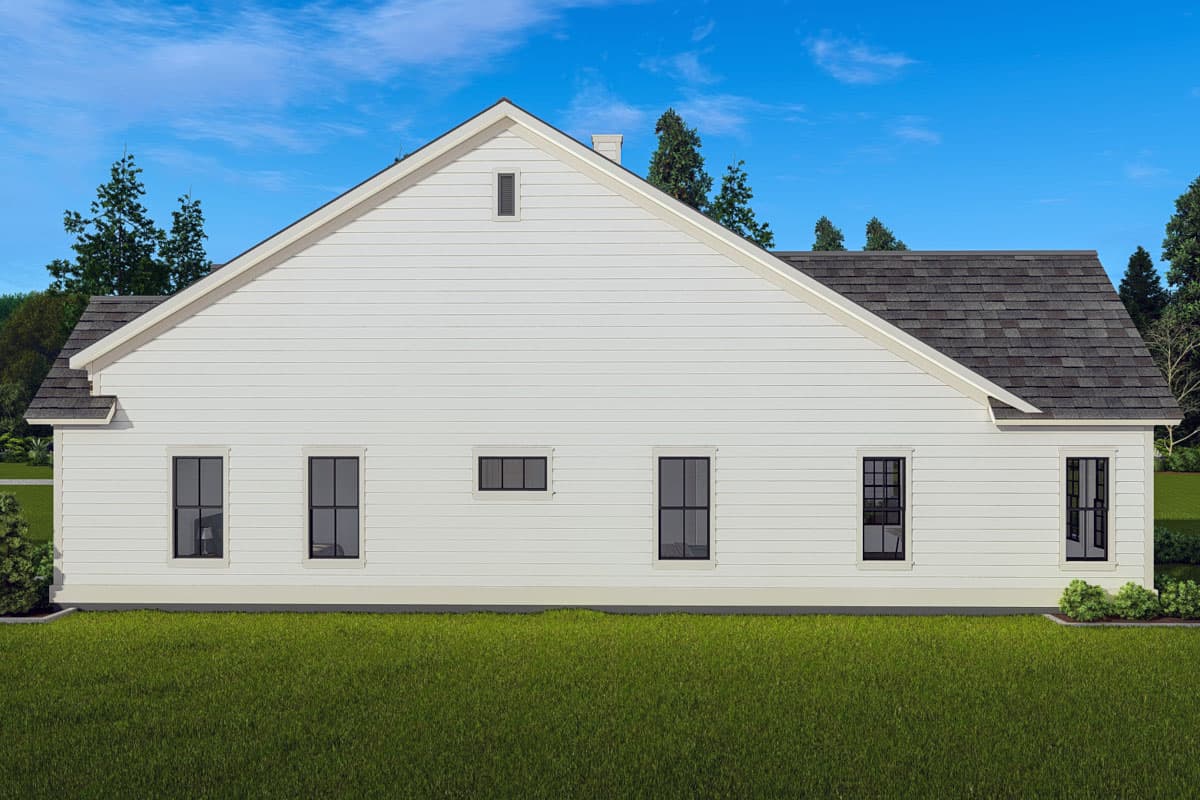 House plan exterior: Single-story Modern Farmhouse with prominent gables, horizontal siding, and multiple windows.