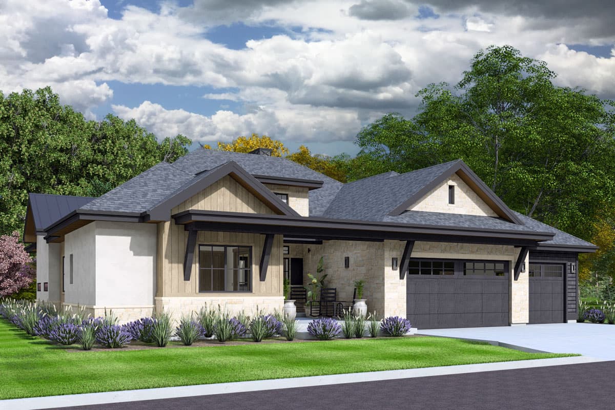 House plan exterior: Modern home with stone and wood siding, covered entry, and a three-car garage.