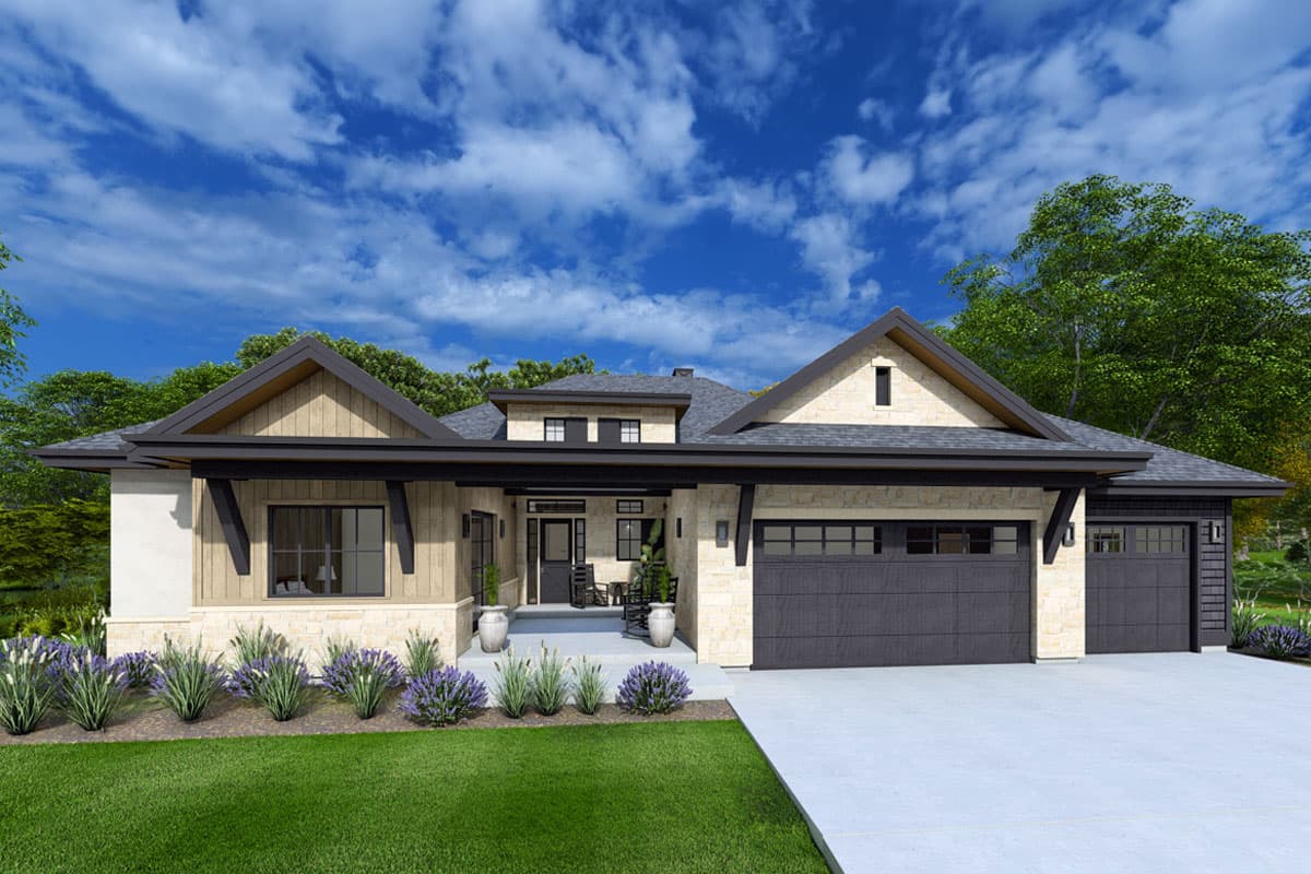House plan exterior. Modern style with one story, gabled roof, and a front-entry garage. Porch with decorative beams and stonework accents.