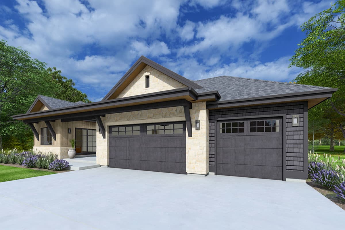 House plan exterior: Modern style, one story, stone and shingle siding, two garage doors, exposed rafter tails, and gable roof.