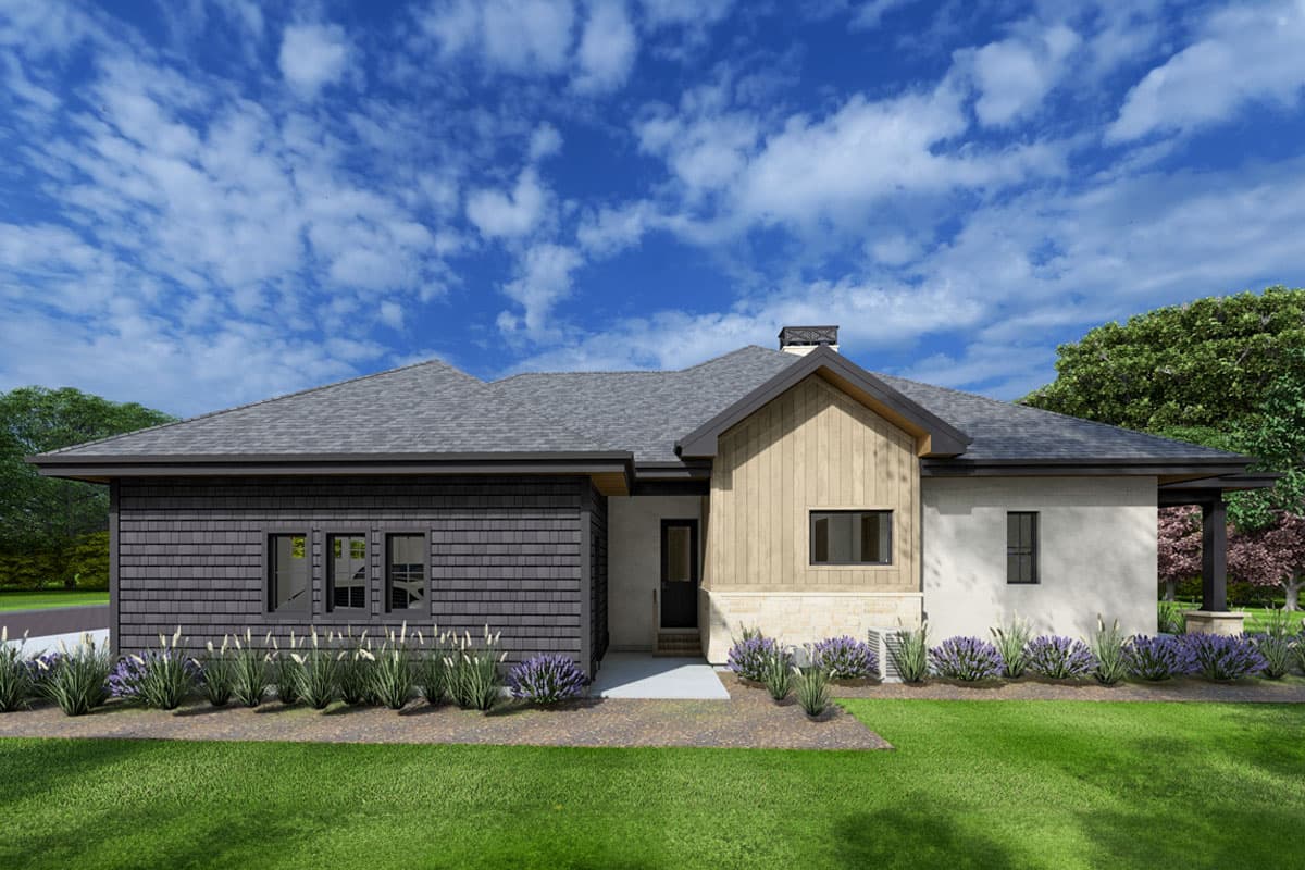 House plan exterior: one-story Modern Farmhouse with shingle siding, stone accents, prominent gable, and covered patio.