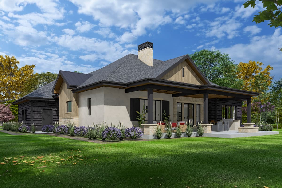 House plan exterior: Ranch style, one story, with a covered porch, stone accents, multiple gables, and a prominent chimney.