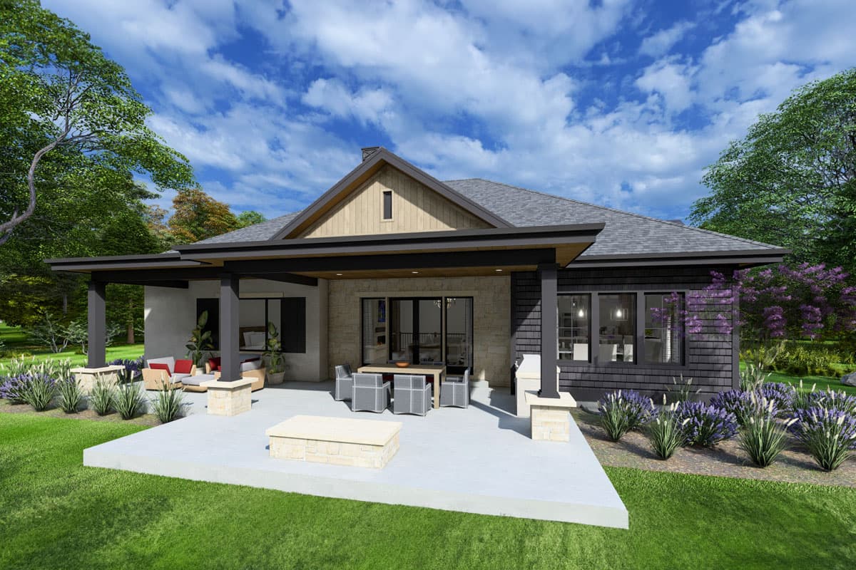 House plan exterior: Single-story Modern Farmhouse with covered patio, stone and shingle siding, and gabled roof.