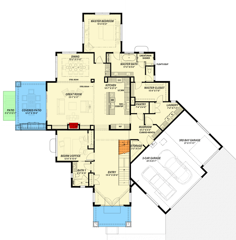 Plan 64552SC: 5-Bed Prairie House Plan with Two-Story Great Room - 3238 Sq Ft - Floor Plan - Main Level - Contemporary, Northwest, Prairie